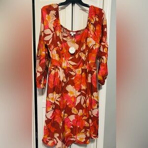 ODDI Women's Floral Midi Dress - Red and Pink